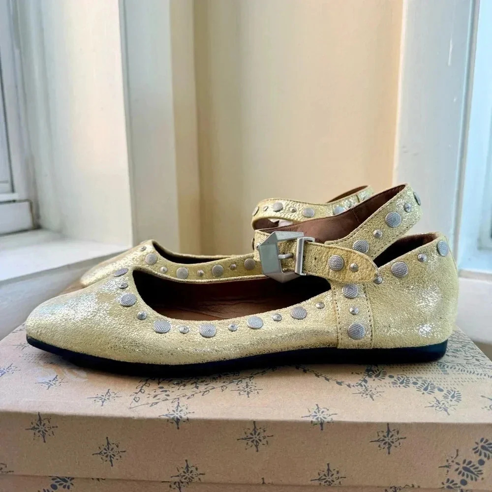 New Free People Mystic Mary Jane Flats Studded Yellow 7 - Picture 12 of 15